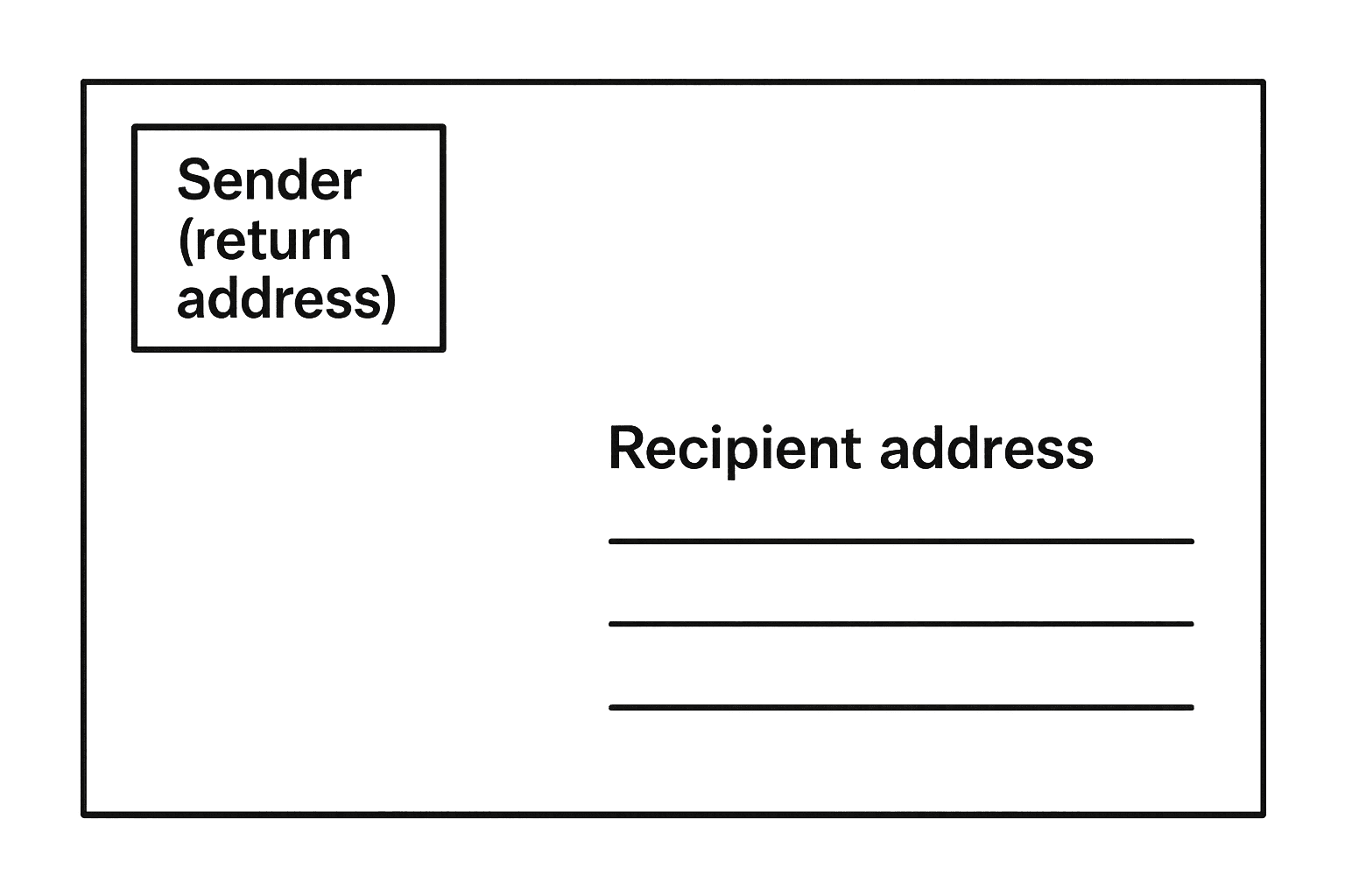 Diagramm Briefumschlag Vorderseite mit beschrifteten Zonen Absender, Empfänger, Briefmarke