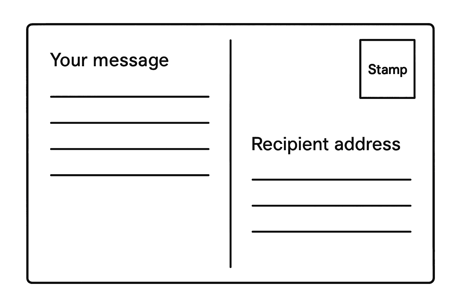 Diagramm Postkarten-Rückseite mit Zonen für Text, Briefmarke und Empfängeradresse