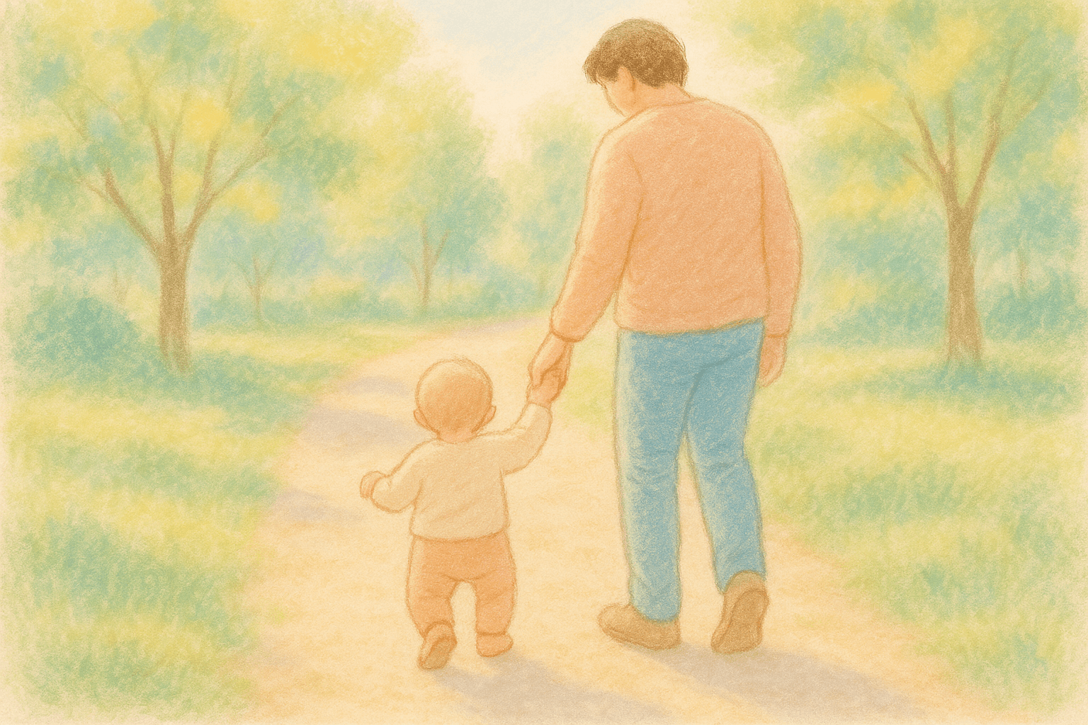 Ilustração de adulto e criança pequena caminhando sob luz suave
