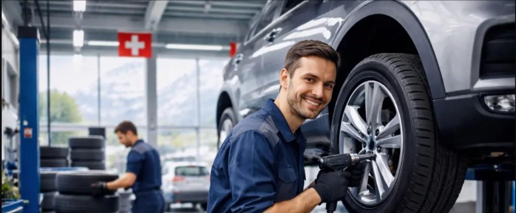 Breites Foto: Monteur beim Anziehen der Radschrauben an einem SUV auf der Hebebühne in einer hellen Schweizer Werkstatt, Kollege und Reifenstapel im Hintergrund, kleine Schweizerfahne sichtbar.