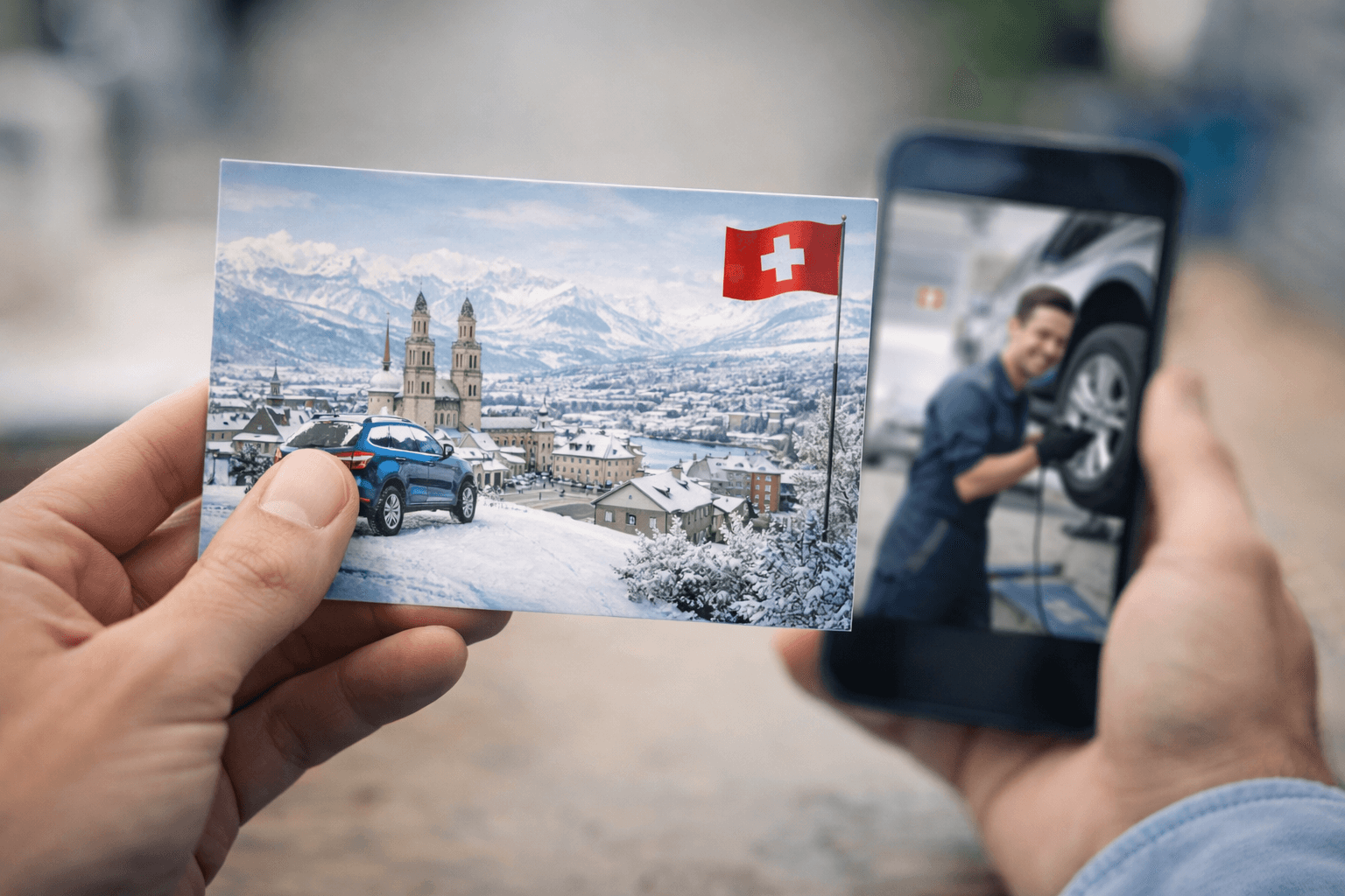 Mockup einer gedruckten AR-Postkarte mit Werkstatt und Hebebühne