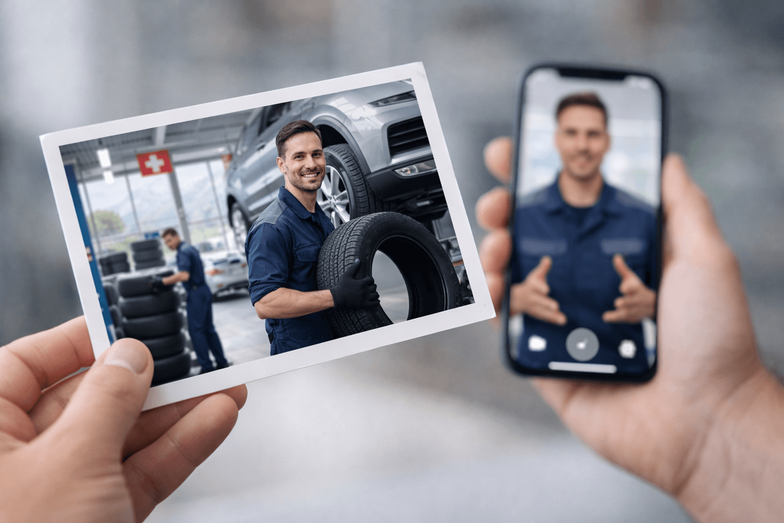 Zweites Mockup mit Reifenstapel und Werkstatt im Hintergrund