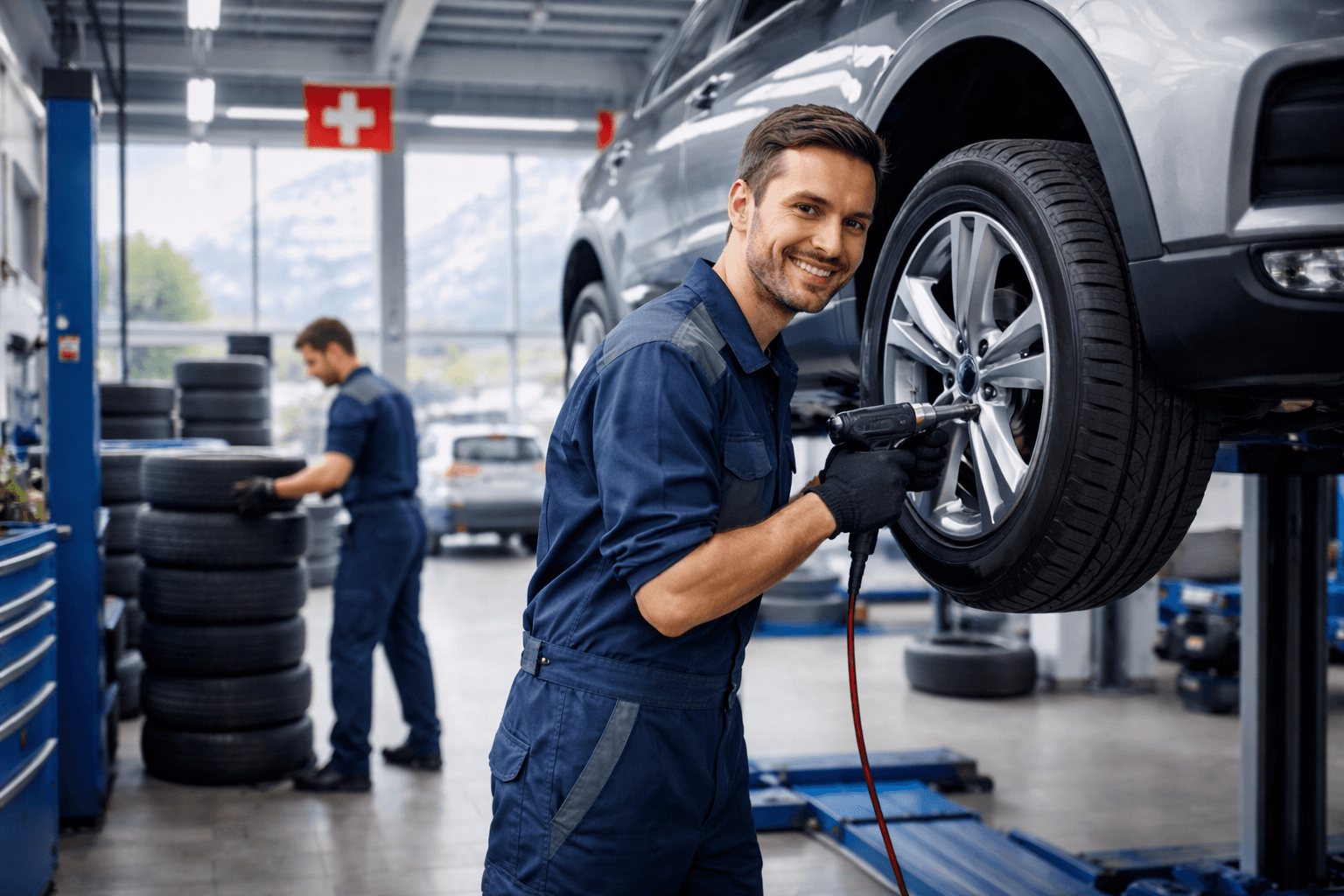 Beispiel-Postkarte mit Zürcher Garagen-Branding und Winterreifen